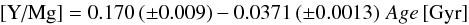 \begin{eqnarray} \ymg = 0.170 \, (\pm 0.009) - 0.0371 \, (\pm 0.0013) \,\,Age \,{\rm [Gyr]} \end{eqnarray}