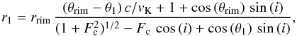 \begin{equation} \label{eq:3dspiral} r_{\rm 1} = r_{\rm rim}\,\frac{ (\theta_{\rm rim} - \theta_{\rm 1})\,c/v_{\rm K} + 1 + \cos{(\theta_{\rm rim})}\,\sin{(i)} }{ ( 1 + F_{\rm c}^{2} )^{1/2} - F_{\rm c}\,\cos{(i)} + \cos{(\theta_{\rm 1})}\,\sin{(i)}}, \end{equation}