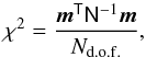 Mathematical equation: \begin{equation} \chi^2 = \frac{\vec m^{{\sf T}} \tens{N}^{-1}\vec m}{N_{\rm d.o.f.}}, \end{equation}