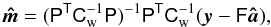 Mathematical equation: \begin{equation} \vec{\hat m} = (\tens{P}^{\sf T}\tens{C}_{\rm w}^{-1}\tens{P})^{-1}\tens{P}^{\sf T}\tens{C}_{\rm w}^{-1} (\vec{y}-\tens{F}\vec{\hat a}), \label{map-binning} \end{equation}