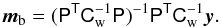 Mathematical equation: \begin{equation} \vec{m}_{\rm b} = (\tens{P}^{\sf T}\tens{C}_{\rm w}^{-1}\tens{P})^{-1}\tens{P}^{\sf T}\tens{C}_{\rm w}^{-1} \vec{y}. \label{eq:binned} \end{equation}