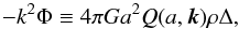 Mathematical equation: \begin{equation} \label{eq:Qdef} -k^2 \Phi \equiv 4\pi G a^2 Q(a,\vec{k}) \rho \Delta, \end{equation}