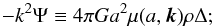 Mathematical equation: \begin{equation} \label{eq:mudef} -k^2 \Psi \equiv 4\pi G a^2 \mu(a,\vec{k}) \rho \Delta; \end{equation}