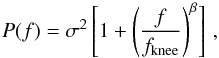 Mathematical equation: \begin{equation} P(f) = \sigma^2 \left[1+\left(\frac{f}{f_{\rm knee}}\right)^\beta \right]\, , \label{noise_model} \end{equation}