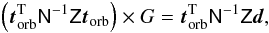 Mathematical equation: \begin{eqnarray} \left( \vec{t}_{\mathrm{orb}}^\mathrm{T} \tens{N}^{-1} \tens{Z} \vec{t}_{\mathrm{orb}} \right) \times G = \vec{t}_{\mathrm{orb}}^\mathrm{T} \tens{N}^{-1} \tens{Z} \vec{d}, \label{eq:calibration} \end{eqnarray}
