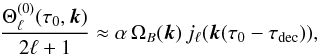 Mathematical equation: \begin{equation} \frac{\Theta_\ell^{\mathrm (0)}(\tau_0,{\vec k})}{2\ell+1}\approx\alpha \, \Omega_{B}({\vec k}) \, j_\ell({\vec k}(\tau_0-\tau_{\mathrm{dec}})), \label{thetaSW} \end{equation}