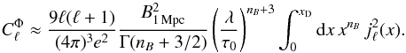 Mathematical equation: \begin{equation} \label{eq:cl_rm} C_{\ell}^{\Phi} \approx \frac{9\ell(\ell+1)}{(4\pi)^{3} e^{2}} \frac{B_{1\,\mathrm{Mpc}}^{2}}{\Gamma( n_{B}+3 / 2)} \left( \frac{\lambda}{\tau_{0}} \right)^{n_{B}+3} \int_{0}^{x_\mathrm{D}}{{\rm d}x \, x^{n_{B}} \, j_{\ell}^{2}(x)}. \end{equation}