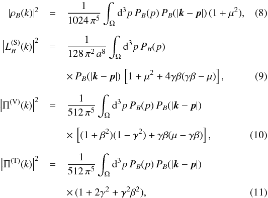Mathematical equation: \begin{eqnarray} \left|\rho_B(k)\right|^2&=&\frac{1}{1024\,\pi^5}\int_\Omega {\rm d}^3{p} \, P_B(p) \, P_B(|{\vec k}-{\vec p}|) \, (1+\mu^2), \label{density}\\[2mm] \left|L_{B}^{(\mathrm{S})} (k)\right|^2 &=&\frac{1}{128\,\pi^2\,a^8}\int_\Omega {\rm d}^3{p} \, P_B(p) \nonumber\\[2mm] &&\times\, P_B(|{\vec{k}}-{\vec{p}}|) \, \left[1 + \mu^2 + 4 \gamma \beta(\gamma \beta - \mu)\right] , \label{spectrum_LF}\\[2mm] \left|\Pi^{(\mathrm{V})}(k)\right|^2&=&\frac{1}{512\,\pi^5}\int_\Omega {\rm d}^3{p} \, P_B(p)\, P_B(|{\vec k}-{\vec p}|)\nonumber\\[2mm] &&\times\,\left[(1+\beta^2)(1-\gamma^2) + \gamma\beta(\mu-\gamma\beta)\right] , \label{vector}\\[2mm] \left|\Pi^{(\mathrm{T})}(k)\right|^2&=&\frac{1}{512\,\pi^5} \int_\Omega {\rm d}^3{p} \, P_B(p) \, P_B(|{\vec k}-{\vec p}|)\nonumber\\[2mm] &&\times\,(1+2\gamma^2+\gamma^2\beta^2) , \label{tensor} \end{eqnarray}