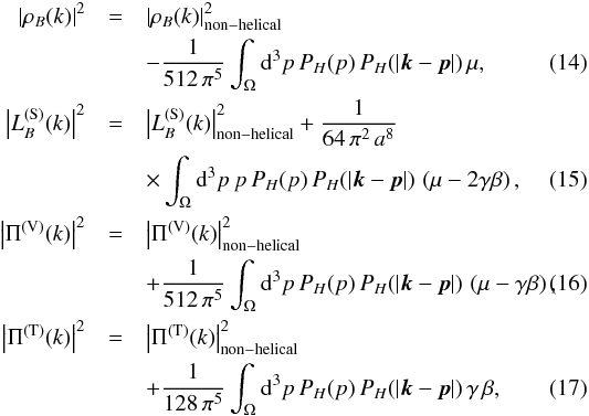 Mathematical equation: \begin{eqnarray} |\rho_B(k)|^2&=&|\rho_B(k)|^2_{\mathrm{non-helical}} \notag\\ &&-\frac{1}{512\,\pi^5}\int_\Omega {\rm d}^3{p}\, P_H(p) \, P_H(|{\vec k}-{\vec p}|)\,\mu, \label{Hdensity}\\ \left|L_{B}^{(\mathrm{S})} (k)\right|^2 &=&\left|L_{B}^{(\mathrm{S})} (k)\right|^2_{\mathrm{non-helical}} + \frac{1}{64\,\pi^2\,a^8} \notag\\ &&\times\int_\Omega {\rm d}^3{p}\, p \, P_H(p) \, P_H(|{\vec{k}}-{\vec{p}}|) \, \left(\mu - 2 \gamma \beta\right) , \label{Hspectrum_LF}\\ \left|\Pi^{(\mathrm{V})}(k)\right|^2&=&\left|\Pi^{(\mathrm{V})}(k)\right|^2_{\mathrm{non-helical}} \notag\\ &&+\frac{1}{512\,\pi^5}\int_\Omega {\rm d}^3{p}\, P_H(p)\, P_H(|{\vec k}-{\vec p}|) \, \left(\mu - \gamma\beta\right) , \label{Hvector}\\ \left|\Pi^{(\mathrm{T})}(k)\right|^2&=&\left|\Pi^{(\mathrm{T})}(k)\right|^2_{\mathrm{non-helical}} \notag\\ &&+\frac{1}{128\,\pi^5} \int_\Omega {\rm d}^3{p}\, P_H(p) \, P_H(|{\vec k}-{\vec p}|)\,\gamma\,\beta , \label{Htensor} \end{eqnarray}