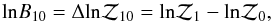 Mathematical equation: \begin{equation} \label{eq:logbayesfactor} {\rm ln}B_{10}=\Delta {\rm ln} {\mathcal{Z}_{10}}={\rm ln} {\mathcal{Z}_1}-{\rm ln} {\mathcal{Z}_0}, \end{equation}