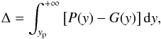 Mathematical equation: \begin{eqnarray} \Delta = \int_{y_{\mathrm{p}}}^{+\infty}\left[P(y)-G(y)\right]{\rm d}y, \end{eqnarray}