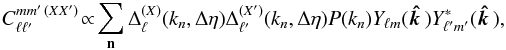 Mathematical equation: \begin{eqnarray} \label{topocorrX} C_{\ell \ell'}^{m m' \, (XX')} \!\propto\! \sum_{\bf n} \Delta_{\ell}^{(X)}(k_n, \Delta\eta) \Delta_{\ell'}^{(X')}(k_n, \Delta\eta) P(k_n) Y_{\ell m}({\vec{\hat{k\,}}}) Y_{\ell' m'}^* ({\vec{\hat{k\,}}}) ,\nonumber\\[-3mm] \end{eqnarray}