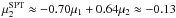 Mathematical equation: \hbox{$\mu^{\rm SPT}_2\approx -0.70 \mu_1 + 0.64 \mu_2\approx -0.13$}