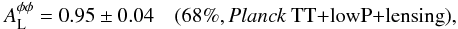 Mathematical equation: \begin{equation} \Aphiphi = 0.95 \pm 0.04 \quad \onesig{\planckTTlensing}, \label{CMBlens} \end{equation}