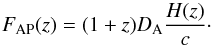 Mathematical equation: \begin{equation} F_{\rm AP}(z) = (1+z) D_{\rm A} {H(z) \over c}\cdot \end{equation}
