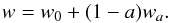 Mathematical equation: \begin{equation} w = w_0 + (1-a) w_a. \label{DE2} \end{equation}