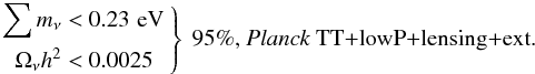 Mathematical equation: \begin{equation} \left. \begin{aligned} \sumnu &< 0.23\,\eV\\ \Omega_\nu h^2 &< 0.0025 \end{aligned} \ \right\} \ \mbox{95\%, \text{\planckTTlensext.}}\label{Mnu1} \end{equation}