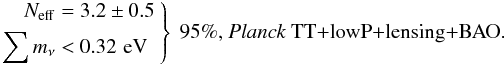 Mathematical equation: \begin{equation} \left. \begin{aligned} \nnu&=3.2\pm 0.5 \\ \sumnu &< 0.32\,\eV \end{aligned} \ \right\} \ \mbox{95\%, \text{\planckTT+\lensing+BAO.}} \end{equation}