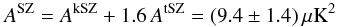 Mathematical equation: \begin{equation} A^{\rm SZ} = A^{\rm kSZ} + 1.6\,A^{\rm tSZ} = (9.4\pm 1.4)\,\mu {\rm K}^2 \label{NSZ2} \end{equation}