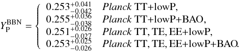 Mathematical equation: \begin{equation} Y_\mathrm{P}^\mathrm{BBN} = \left\{ \begin{array}{ll} 0.253^{+0.041}_{-0.042} & \datalabel{\planckTT},\\ 0.255^{+0.036}_{-0.038} & \datalabel{\planckTTBAO},\\ 0.251^{+0.026}_{-0.027} & \datalabel{\planckall},\\ 0.253^{+0.025}_{-0.026} & \datalabel{\planckallBAO}\! .\\ \end{array} \right. \label{yp_from_cmb_only} \end{equation}