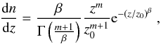 Mathematical equation: \begin{equation} \frac{{\rm d}n}{{\rm d}z}=\frac{\beta}{\Gamma\left(\frac{m+1}{\beta}\right)}\frac{z^m}{z_0^{m+1}}{\rm e}^{-(z/z_0)^\beta}~, \label{eq:dndz_xia} \end{equation}