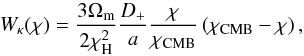 Mathematical equation: \begin{equation} W_\kappa(\chi) = \frac{3\Omega_{\rm m}}{2\chi_{\rm H}^2}\frac{D_+}{a}\frac{\chi}{\chi_\mathrm{CMB}}\left(\chi_\mathrm{CMB}-\chi\right), \end{equation}