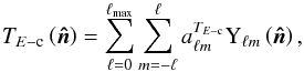 Mathematical equation: \begin{equation} \tcem \left(\vn\right) = \sum_{\ell = 0}^{\ell_\mathrm{max}} \sum_{m = -\ell}^{\ell} a_{\ell m}^{\tcem} \textrm{Y}_{\ell m}\left(\vn\right), \end{equation}