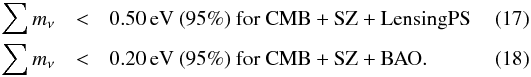 Mathematical equation: \begin{eqnarray} \sum m_\nu & < & 0.50 \, {\rm eV\ (95\%)\ for\ CMB+SZ+Lensing PS}\\ \sum m_\nu & < & 0.20 \, {\rm eV\ (95\%)\ for\ CMB+SZ+BAO.} \end{eqnarray}
