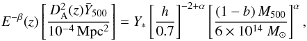 Mathematical equation: \begin{equation} \label{eq:Yscaling} E^{-\beta}(z)\left[\frac{\Dang^2(z) \meanYfive}{\mathrm{10^{-4}\,Mpc^2}}\right] = Y_\ast \left[{h \over 0.7} \right]^{-2+\alpha} \left[\frac{(1-b)\, \Mfive}{6\times10^{14}~M_{\odot}}\right]^{\alpha}, \end{equation}