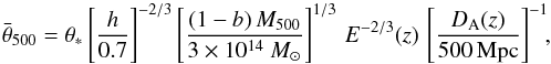 Mathematical equation: \begin{equation} \label{eq:sizescaling} {\meanthetafive}=\theta_\ast \left[\frac{h}{0.7}\right]^{-2/3}\left[{(1-b)\,M_{500}\over 3\times 10^{14}~M_{\odot}}\right]^{1/3} \,E^{-2/3}(z)\,\left[\Dang(z)\over 500\,{\mathrm{Mpc}}\right]^{-1}\!\!, \end{equation}