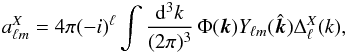 Mathematical equation: \begin{eqnarray} \label{eq:phi2alm} \alm^X = 4 \pi (-i)^\ell \int \frac{{\rm d}^3 k}{(2 \pi)^3} \, \Phi(\vk) \Ylm(\vkhat) \Delta^{X}_\ell(k) , \end{eqnarray}