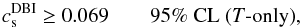 Mathematical equation: \begin{equation} \label{csDBIT} c_{\rm s}^{\rm DBI} \geq 0.069\quad \quad \text{95\% CL (\itT-only)}, \end{equation}