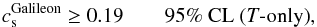 Mathematical equation: \begin{equation} c^{\rm Galileon}_{\rm s} \geq 0.19\quad \quad \text{95\% CL (\itT-only)}, \end{equation}