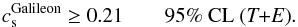 Mathematical equation: \begin{equation} c^{\rm Galileon}_{\rm s} \geq 0.21\quad \quad \text{95\% CL (\textit{T+E})}. \end{equation}