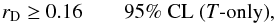 Mathematical equation: \begin{equation} r_{\rm D} \geq 0.16 \quad \quad \text{95\% CL (\itT-only)}, \end{equation}