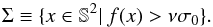 Mathematical equation: \appendix \setcounter{section}{2} \begin{equation} \Sigma \equiv \lbrace x \in \mathbb{S}^{2} \vert \: f(x) > \nu\sigma_0 \rbrace. \end{equation}