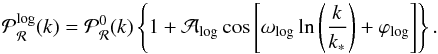 Mathematical equation: \begin{equation} \mathcal{P}_\mathcal{R}^\mathrm{log}(k) = \mathcal{P}_\mathcal{R}^0(k) \left\{ 1 + \mathcal{A}_\mathrm{log} \cos \left[ \omega_\mathrm{log} \ln \left(\frac{k}{k_*} \right) + \varphi_\mathrm{log} \right] \right\}. \end{equation}