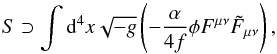 Mathematical equation: \begin{equation} S\supset\int {\rm d}^4x\sqrt{-g}\left(-\frac{\alpha}{4f}\phi F^{\mu\nu}\tilde F_{\mu\nu}\right), \end{equation}
