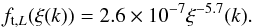 Mathematical equation: \begin{equation} \label{fTL} f_{\mathrm t,L}(\xi(k))=2.6 \times 10^{-7} \xi^{-5.7}(k). \end{equation}