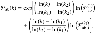Mathematical equation: \begin{eqnarray} \begin{split} {\cal P}_{\mathrm{ab}}(k)&= \exp \Biggl[ \left( \frac {\ln (k )-\ln (k_2)} {\ln (k_1)-\ln (k_2)} \right) \ln\left({\cal P}^{(1)}_{\mathrm{ab}}\right) \\ &\quad + \left( \frac {\ln (k )-\ln (k_1)} {\ln (k_2)-\ln (k_1)} \right) \ln\left({\cal P}^{(2)}_{\mathrm{ab}}\right) \Biggr] , \label{matInter} \end{split} \end{eqnarray}