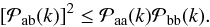 Mathematical equation: \begin{equation} \left[\mathcal{P}_{\mathrm{ab}}(k)\right]^2 \le \mathcal{P}_{\mathrm{aa}}(k) \mathcal{P}_{\mathrm{bb}}(k). \label{PD:Constraint} \end{equation}