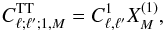 Mathematical equation: \begin{equation} C_{\ell; \ell'; 1, M}^{\rm TT} = C^1_{\ell,\ell'} X_M^{(1)}, \label{eq:dipolarcovar} \end{equation}