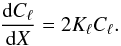 Mathematical equation: \begin{equation} \frac{{\rm d}C_\ell}{{\rm d}X} = 2K_\ell C_\ell. \end{equation}