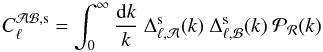 Mathematical equation: \begin{equation} C^{\mathcal{AB},\mathrm{s}}_\ell =\int _0^\infty \frac{\mathrm{d} k}{k}~ \Delta _{\ell ,\mathcal{A}}^\mathrm{s}(k)~ \Delta _{\ell ,\mathcal{B}}^\mathrm{s}(k)~ {\cal P}_{\mathcal{R}}(k) \end{equation}