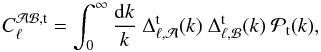Mathematical equation: \begin{equation} C^{\mathcal{AB},\mathrm{t}}_\ell =\int _0^\infty \frac{\mathrm{d}k}{k}~ \Delta _{\ell ,\mathcal{A}}^\mathrm{t}(k)~ \Delta _{\ell ,\mathcal{B}}^\mathrm{t}(k)~ {\cal P}_\mathrm{t}(k), \end{equation}