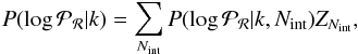 Mathematical equation: \begin{equation} P(\log\PR|k) = \sum\limits_{\Nint} P(\log\PR|k,\Nint) Z_{\Nint}, \label{eqn:margPR_full} \end{equation}