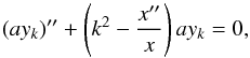 Mathematical equation: \begin{equation} (a y_k)'' + \left(k^2 - \frac{x''}{x} \right) a y_k = 0, \label{fluctuations:Evolution} \end{equation}