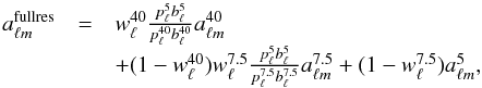 Mathematical equation: \appendix \setcounter{section}{1} \begin{equation} \begin{array}{rcl} a_{\ell m}^{\mathrm{fullres}} & = & w_{\ell}^{40}\frac{p_{\ell}^{5}b_{\ell}^{5}}{p_{\ell}^{40}b_{\ell}^{40}}a_{\ell m}^{40} \\ & &+ (1-w_{\ell}^{40})w_{\ell}^{7.5}\frac{p_{\ell}^{5}b_{\ell}^{5}}{p_{\ell}^{7.5}b_{\ell}^{7.5}} a_{\ell m}^{7.5} + (1-w_{\ell}^{7.5}) a_{\ell m}^{5}, \end{array} \label{eq:comm_hybrid} \end{equation}