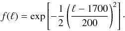 Mathematical equation: \appendix \setcounter{section}{2} \begin{equation} f(\ell) = \exp\left[-\displaystyle\frac{1}{2}\left(\frac{\ell-1700}{200}\right)^2\right]\cdot \label{eq:nilc_filtering_for_mask} \end{equation}
