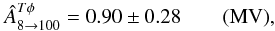 Mathematical equation: \begin{eqnarray} \hat{A}^{T\phi}_{8 \rightarrow 100} = 0.90 \pm 0.28 \quad \quad \mbox{(MV)} , \end{eqnarray}